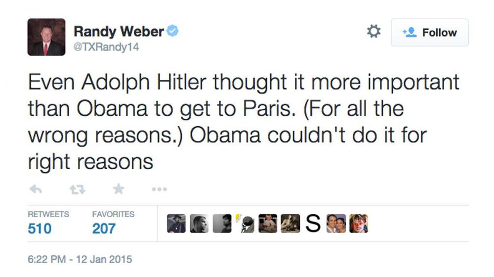 El polémico tuit del congresista republicano Randy Weber comparando a Obama con Hitler