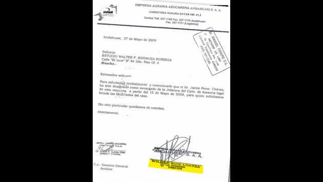 PRUEBA. Documento firmado por el “licenciado” Wilder Ruiz.