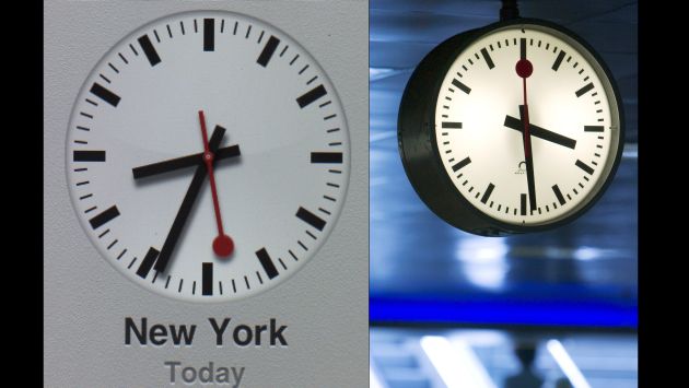 El reloj de Apple (izquierda) y el de los trenes suizos (derecha). (AP)