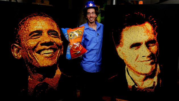 Jason Baalman elaboró retratos de candidatos con los snack ‘Cheetos’ en Colorado. (AP)