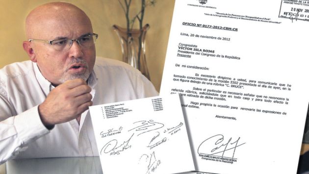 MALA JUGADA. El legislador Carlos Bruce expresó su malestar por esta ‘suplantación’ de su firma. (Perú21)