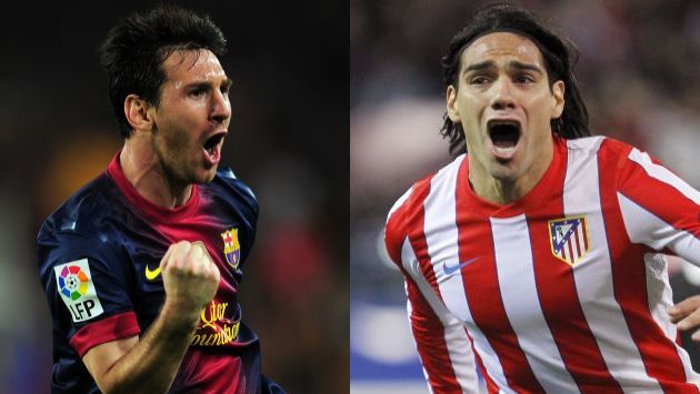 LUCHA DE GIGANTES. Messi y Falcao se verán las caras en el Camp Nou. (Agencias)