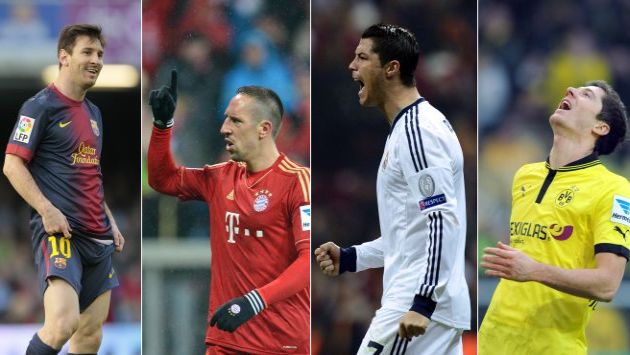 Messi (Barcelona), Ronaldo (Madrid), Ribéry (Bayern) y Lewandowski (Dortmund)  son las figuras. (Agencias)