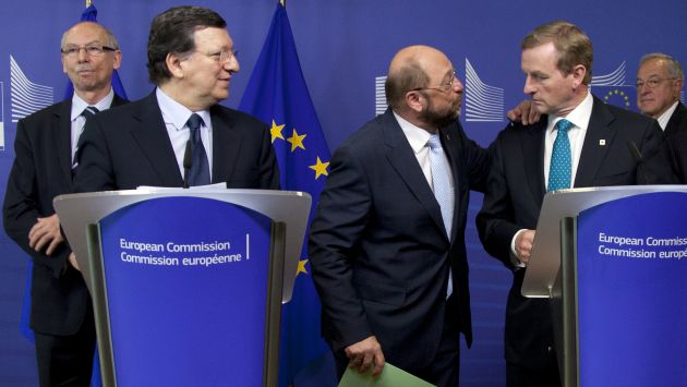 José Manuel Barroso, presidente de la CE, Martin Schulz, presidente del PE y Enda Kenny, primer ministro irlandés. (Reuters)