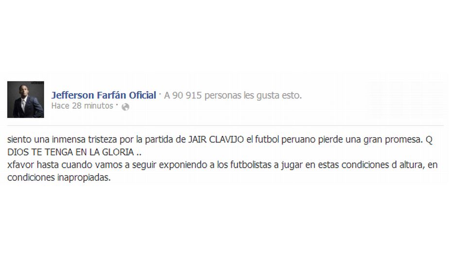 Jefferson Farfán expresó su pesar por la muerte del futbolista. (Facebook)