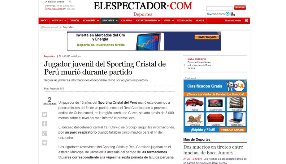 Página del diario El Espectador de Colombia destaca que Yair Clavijo haya muerto en las alturas del Cusco.