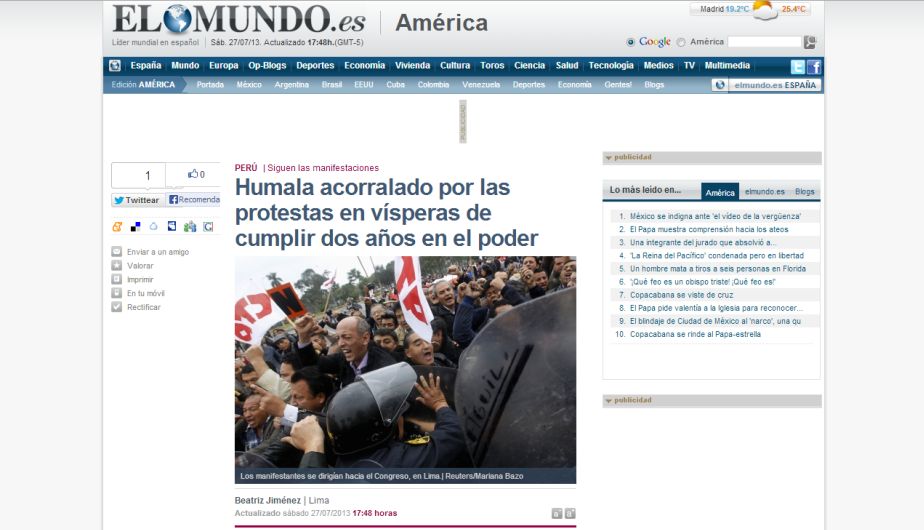 El Mundo de España lanza la alarma de que Ollanta Humala está acorralado por las protestas.