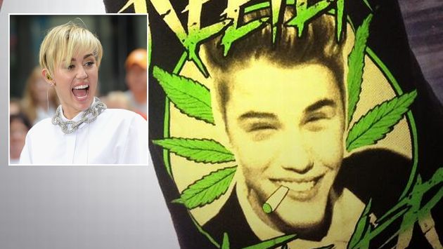 Cyrus publicó estampado de Justin Bieber entre hojas de marihuana. (Twitter)