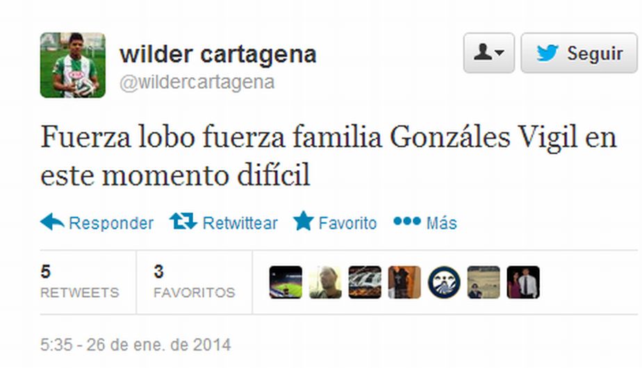 Wilder Cartagena, exjugador de Alianza Lima, le hizo llegar sus condolencias a Juan Diego Gonzales-Vigil. (Twitter)