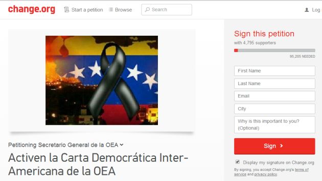 Venezuela: Abren en Change petición para que OEA active Carta Democrática. (Internet)
