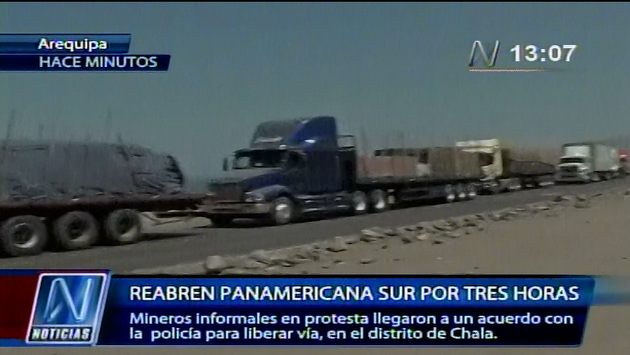 Mineros informales desbloquean temporalmente la Panamericana Sur. (Canal N)