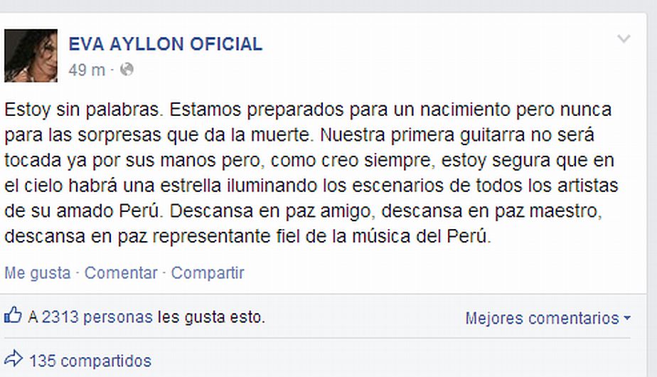 Eva Ayllón expresó su pesar en su cuenta de Facebook. (Facebook de Eva Ayllón)
