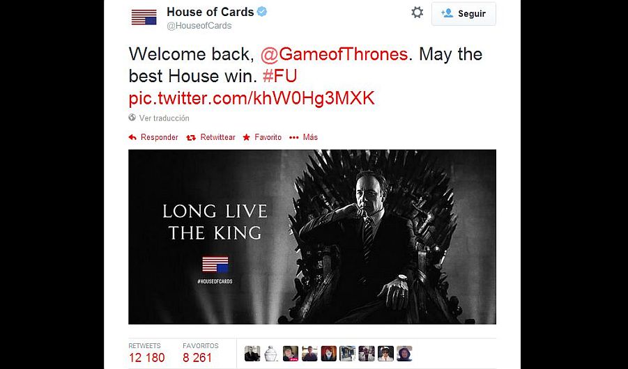 Con  6,6 millones de telespectadores, a distintas marcas y empresas no se les pasó aprovechar el estreno de la nueva temporada de Game of Thrones. Hasta ‘House of Cards’ le dio una amenazante bienvenida a la serie. (Twitter)
