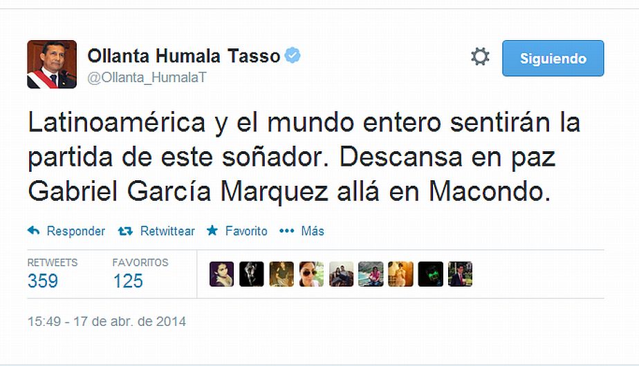 El presidente de la República, Ollanta Humala, expresando su pesar. (Twitter)