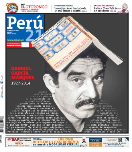 Perú21 es considerada una de las 10 mejores portadas de América en homenajear al fallecido escritor Gabriel García Márquez. (Perú21)