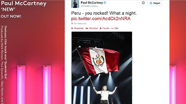 Paul McCartney la pasó muy bien en el concierto que ofreció el viernes en Lima. (Twitter Paul de McCartney)