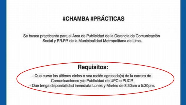 Municipalidad de Lima: Polémica por convocatoria de prácticas. (@jorgevillenal)