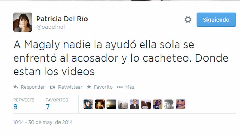 La periodista Patricia del Río mostró su indignación ante lo ocurrido con Magaly Solier. (Twitter)