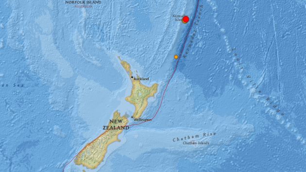 El movimiento telúrico ocurrió a las 19:19 GMT frente a Nueva Zelanda. . (USGS)