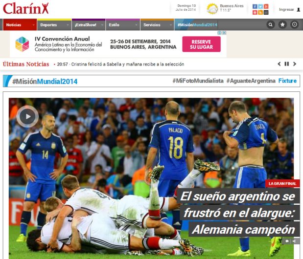 El portal del diario Clarín lamenta la derrota de la selección Argentina ante Alemania, en la final de la Copa del Mundo.