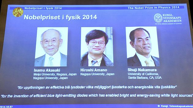 Los galardonados con e Nobel de Física 2014. (AFP)