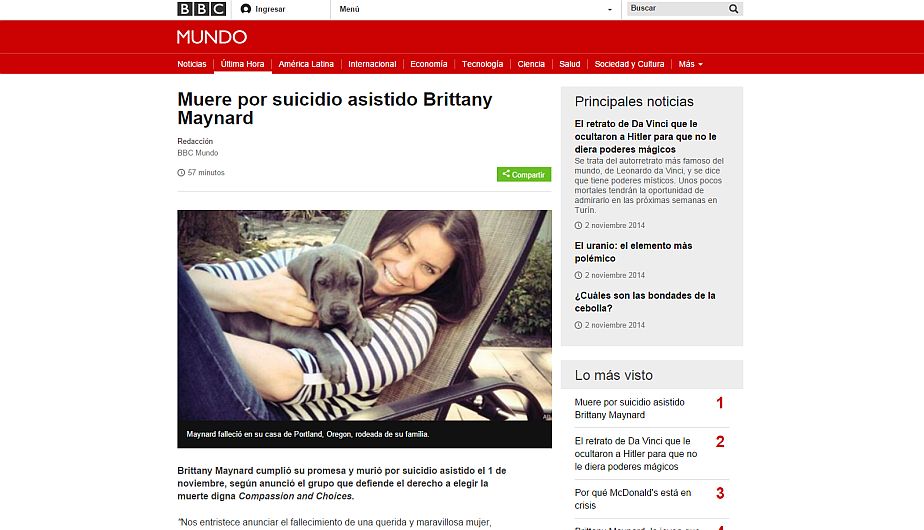 Suicidio asistido de Brittany Maynard causa conmoción en el mundo. (BBC)