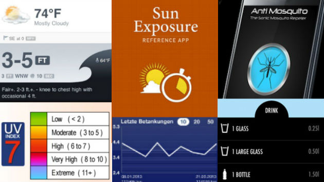 Todas estas 'apps' podrían ser de gran utilidad durante la temporada de verano. (Fuente: Surf Report / Sun Exposure / Anti Mosquito Sonic Repeller / EPA's SunWise UV Index /  WaterIn / Spritmonitor)