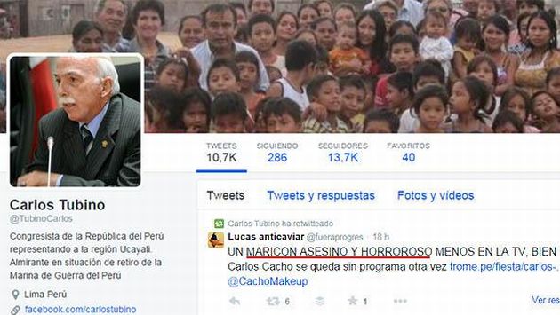 Carlos Tubino retuiteó mensaje homofóbico contra Carlos Cacho. (Twitter)