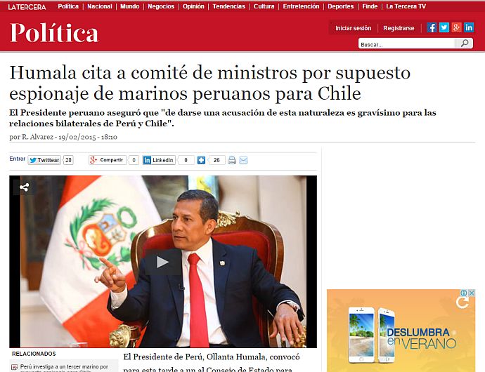 Prensa de Chile recoge así el presunto caso de espionaje a Perú. (Captura La Tercera)