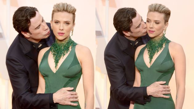 ¿Jhon Travolta incomodó a Scarlett Johansson con un sorpresivo beso? (EFE)