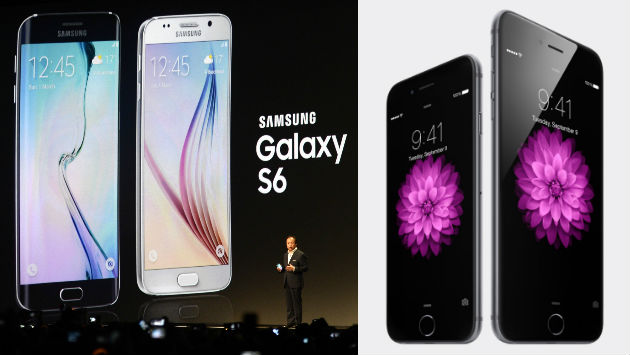 Los Galaxy S6 y Galaxy S6 Edge, equipados con el sistema de Android, darán batalla a sus rivales más directos: los iPhone 6 y iPhone 6 Plus de Apple. (Fuente: AFP/Samsung/Apple)