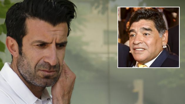 Luis Figo se enfreta a Diego Maradona. (Reuters)