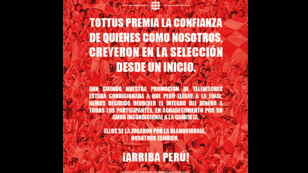 Facebook: Tottus devolverá dinero, pese a que Perú no llegó a la final. (Facebook Tottus)