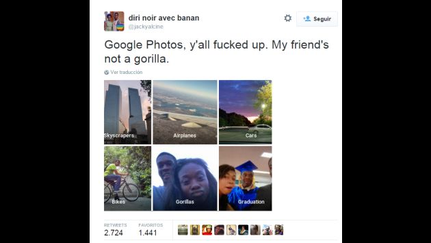 Google se disculpó tras confundir a pareja de piel oscura con gorilas (Twitter)