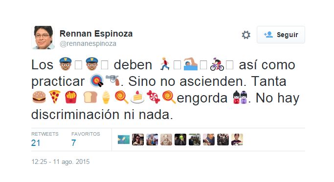 Rennán Espinoza usa emojis para opinar del sobrepeso de policías. ¿Lo entendiste? (Twitter)