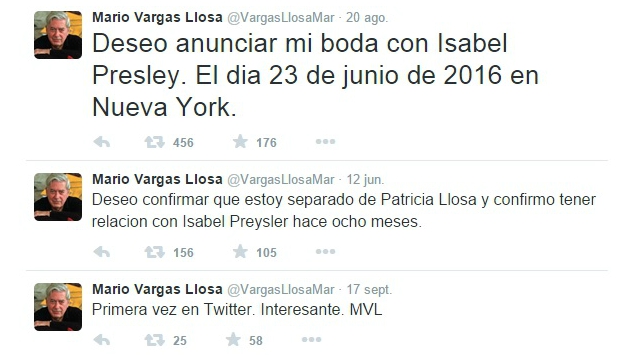 Esta cuenta de Mario Vargas Llosa en Twitter es totalmente falsa (Captura / Twitter)
