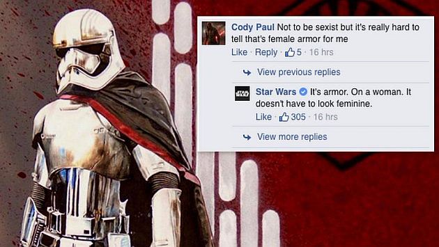 Decenas de usuarios respaldaron respuesta de Star Wars ante comentario sexista. (Facebook)