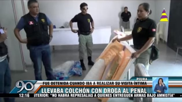 Mujer fue detenida por intentar ingresar un colchón relleno de marihuana al penal de Piura. (Captura de TV)