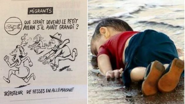 Indignación por caricatura de Charlie Hebdo sobre el niño sirio ahogado Aylan Kurdi. (Internet).