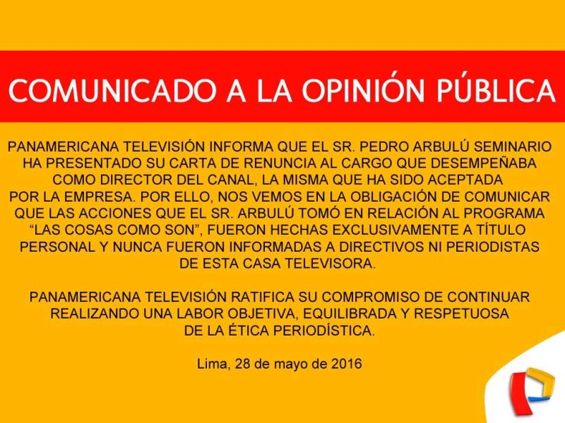 Panamericana Televisión: Pedro Arbulú renuncia a su cargo de director del canal