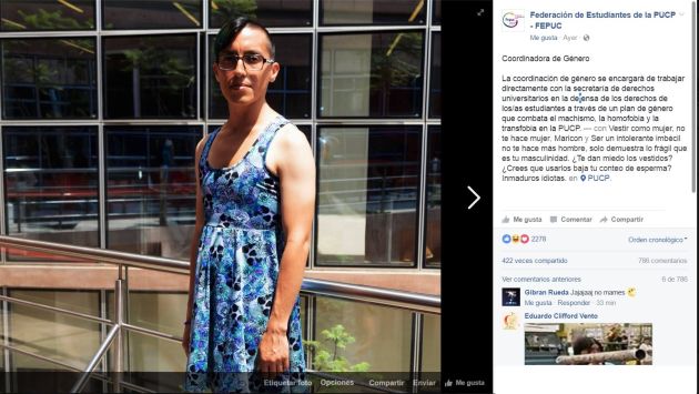 Estudiante transgénero desata la furia homofóbica en redes sociales. (Fepuc)