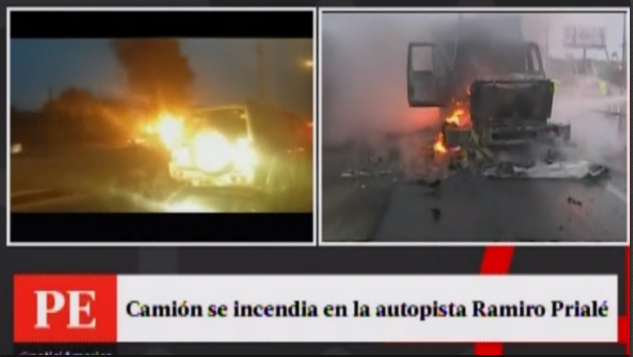 Camión se incendió en plena autopista Ramiro Prialé. (Captura)