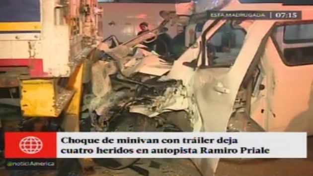Choque de miniván en autopista Ramiro Prialé dejó cuatro heridos. (Captura)