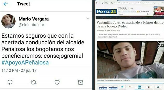 Utilizan foto de peruano fallecido para crear cuenta de Twitter que apoya a alcalde. (Captura Twitter)